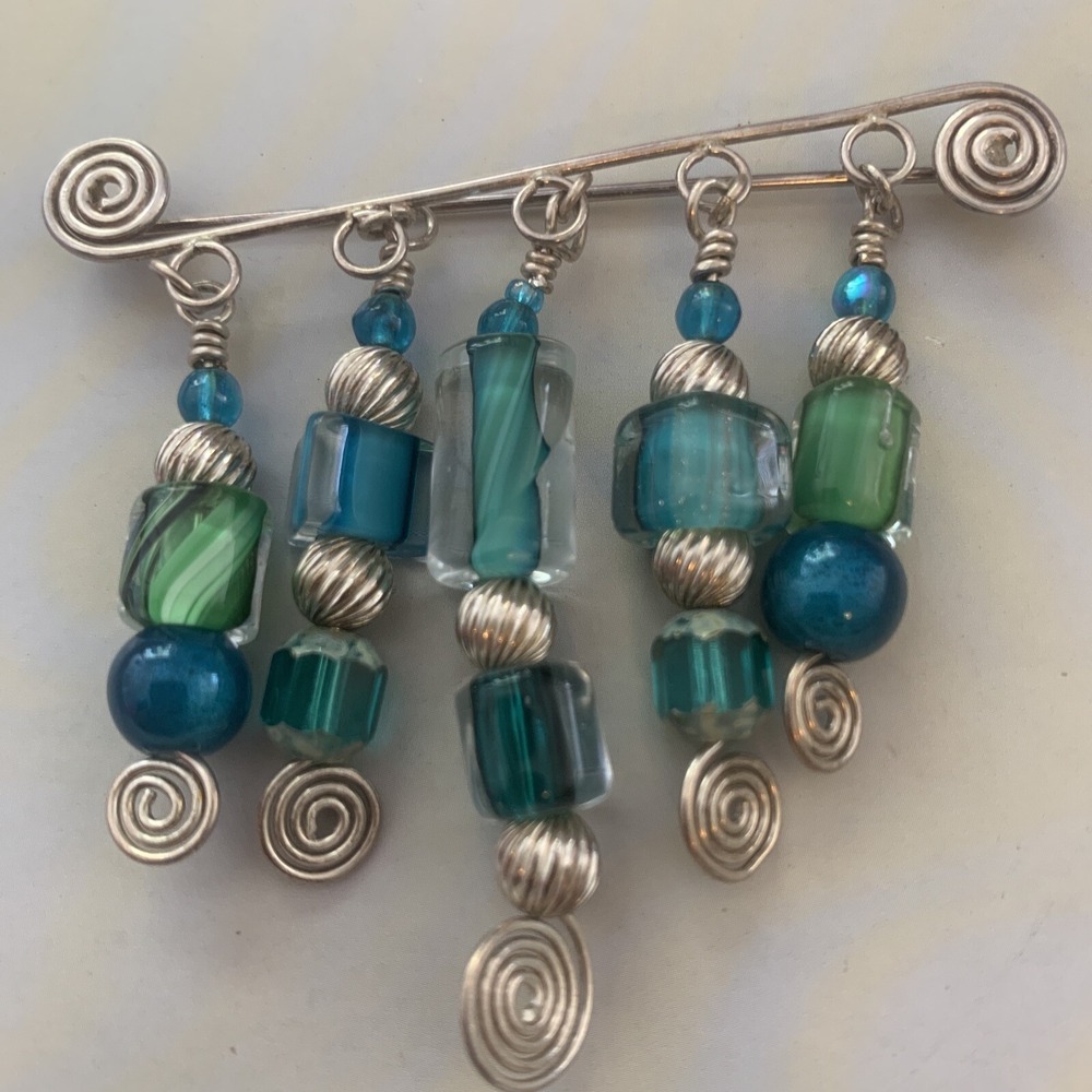 Vintage Sterling Silver Venitian glass Ocean artisan Wire Pin Brooch 2 5/8" wide